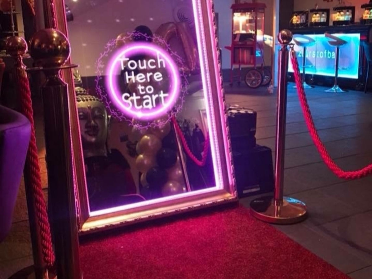 Mirror photo booth set up and ready for guests at a wedding reception